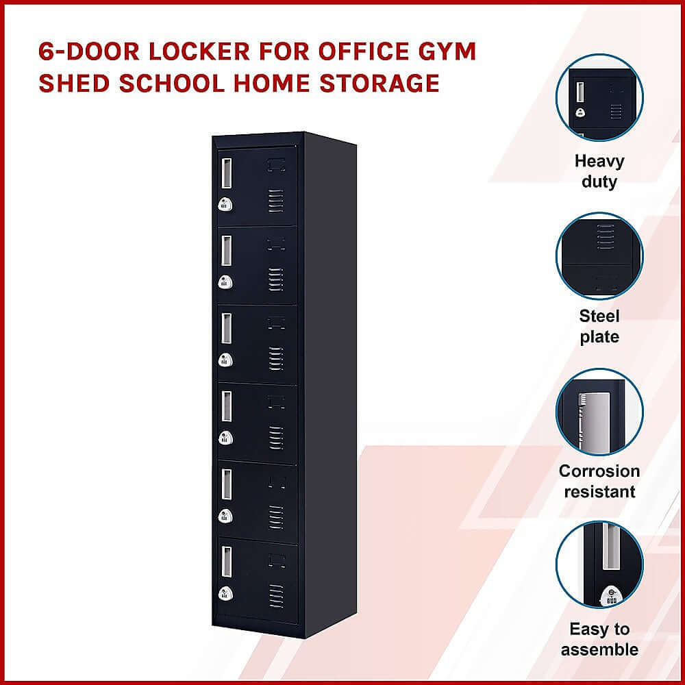 Affordable 6-door locker for office, gym, school storage - durable steel, easy assembly, corrosion resistant.