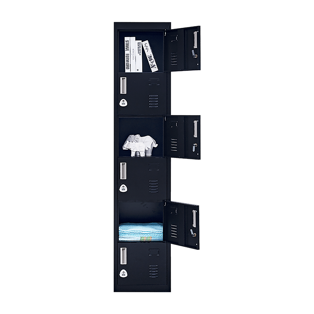 Affordable 6-door locker for office, gym, or school storage, featuring durable steel and air vents for circulation.