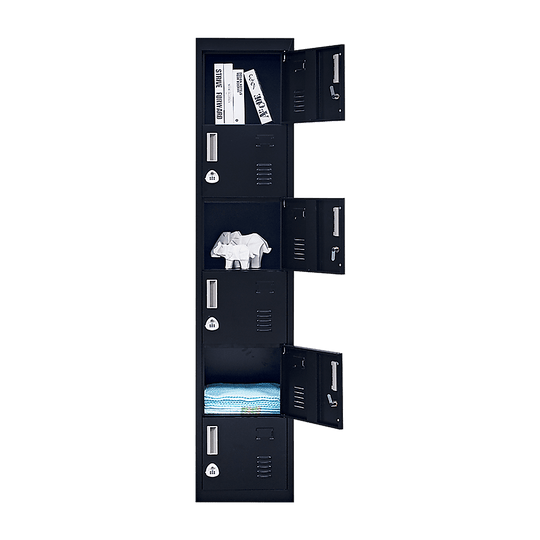 Affordable 6-door locker for office, gym, or school storage, featuring durable steel and air vents for circulation.