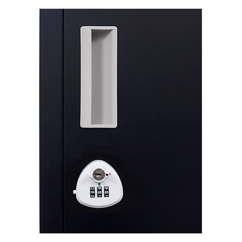 Front view of a black locker door with a combination lock and secure key slot for office or gym storage.