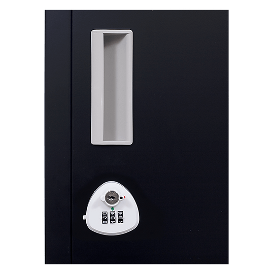 Front view of a black locker door with a combination lock and secure key slot for office or gym storage.