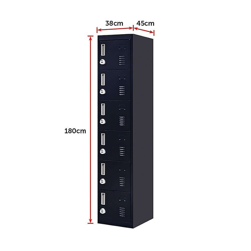 6-door locker dimensions: 180cm x 38cm x 45cm, perfect for affordable storage solutions in office or gym.