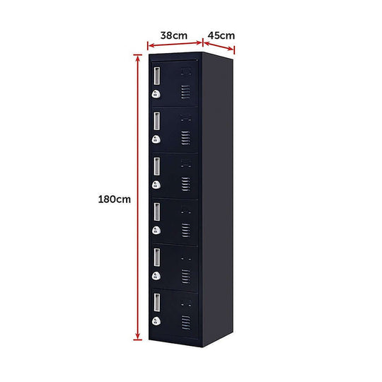 6-door locker dimensions: 180cm x 38cm x 45cm, perfect for affordable storage solutions in office or gym.