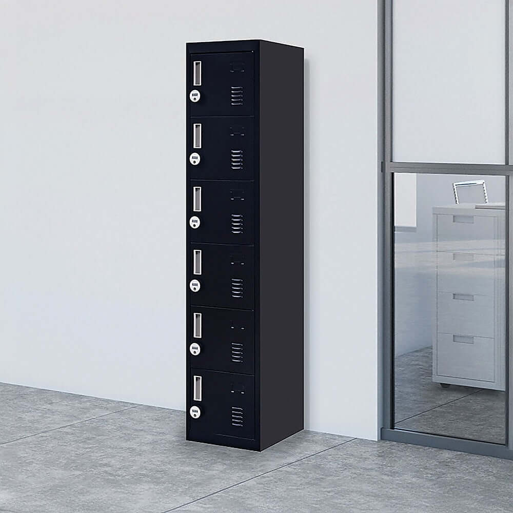 Affordable 6-door locker for secure storage at office, school, or home; durable steel design.