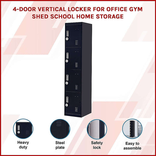 4-Door vertical locker for office, gym, and school storage; heavy duty, steel plate, safety lock, easy to assemble.