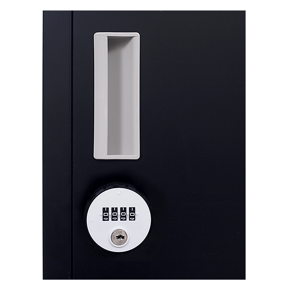 Close-up of a secure locker door with combination lock, designed for affordable storage solutions.