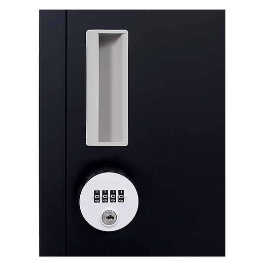 Close-up of a secure locker door with combination lock, designed for affordable storage solutions.