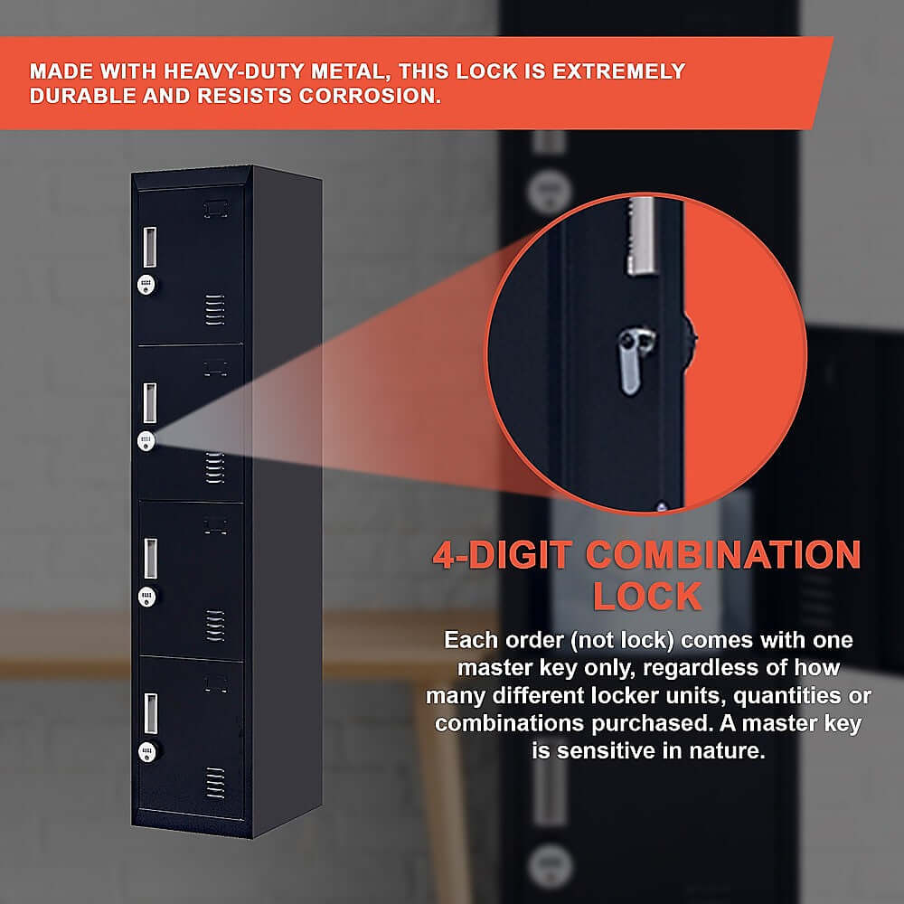 4-digit combination lock on 6-door locker, featuring heavy-duty metal for durability and corrosion resistance.