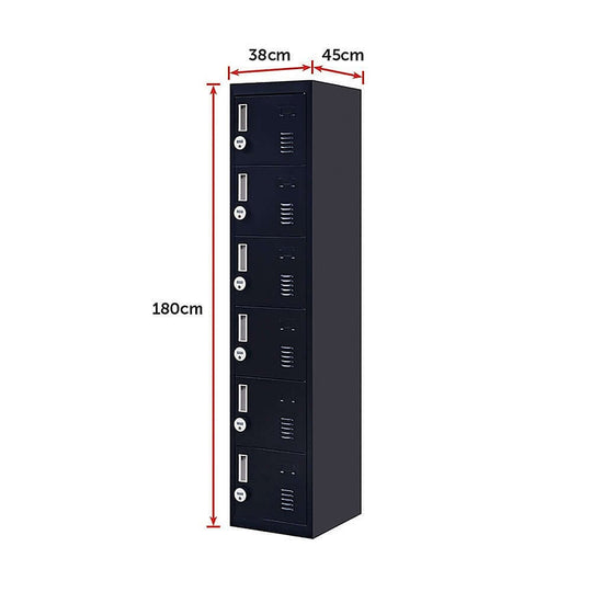 6-door locker dimensions showcasing affordable and durable storage for schools, offices, or gyms, measuring 180x38x45cm.