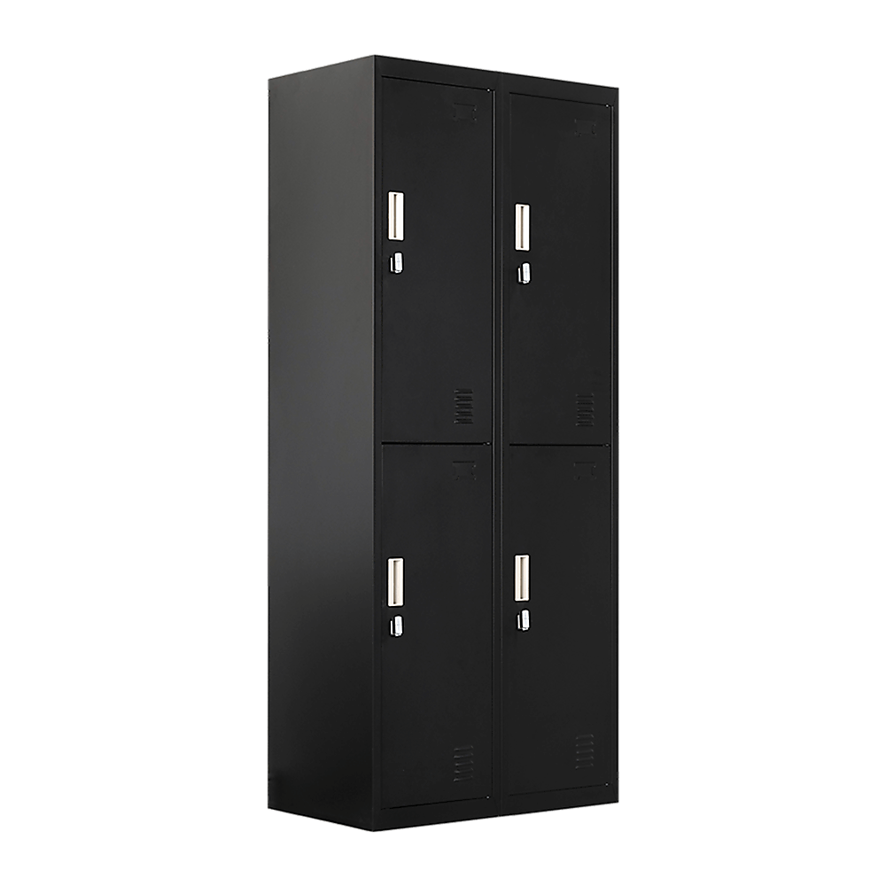 Affordable four-door gym locker in black, perfect for schools, offices, and personal storage solutions.