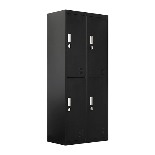 Affordable four-door gym locker in black, perfect for schools, offices, and personal storage solutions.