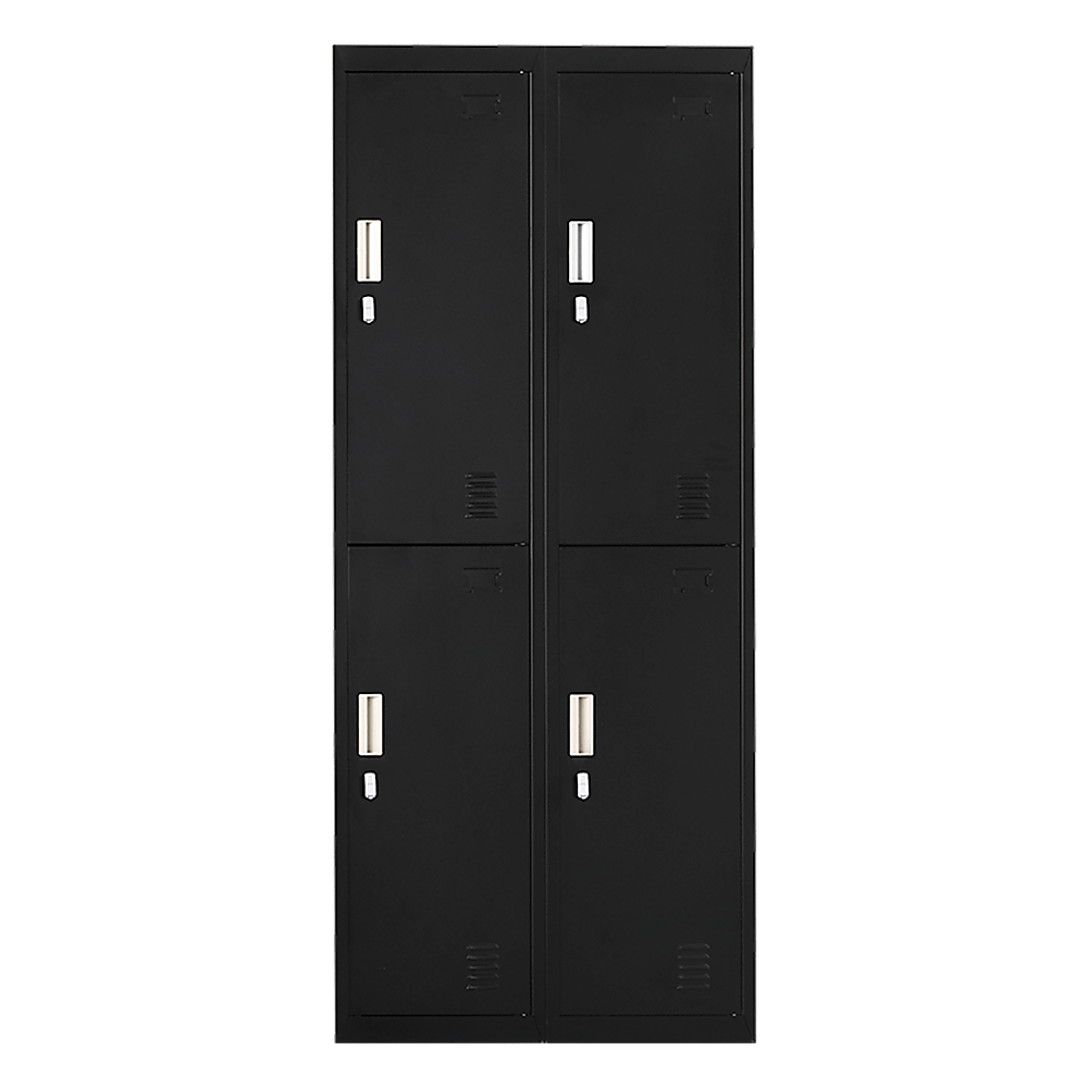 Affordable four-door gym shed storage locker in a sleek black design, ideal for personal belongings.