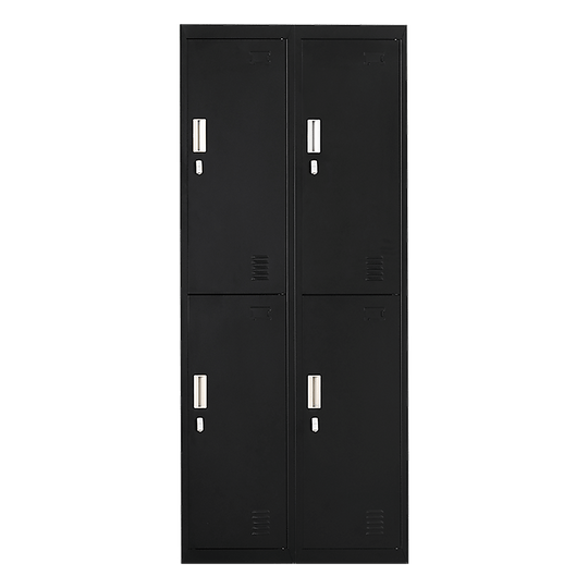 Affordable four-door gym shed storage locker in a sleek black design, ideal for personal belongings.