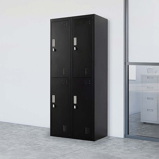 Affordable four-door gym storage locker in a sleek black finish, perfect for office, school, or gym use.