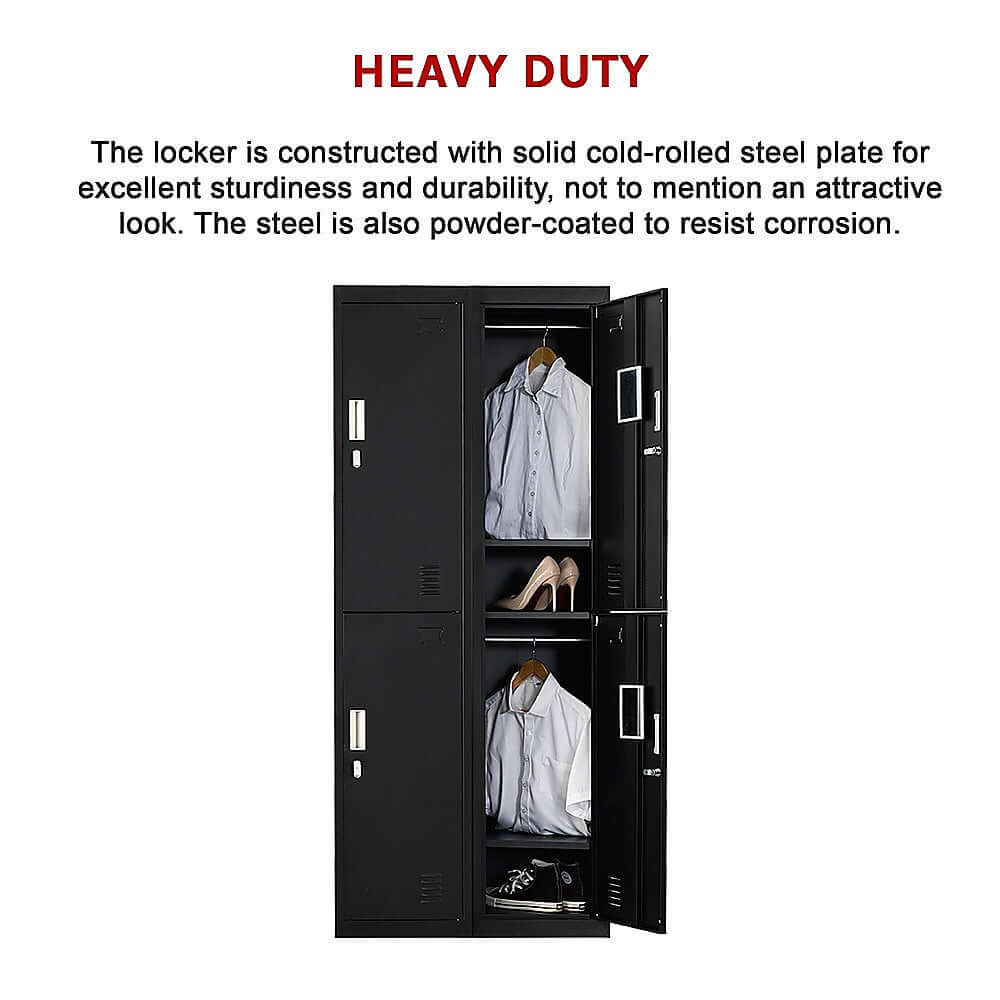 Heavy duty four-door gym locker made from durable cold-rolled steel, ideal for affordable storage solution.