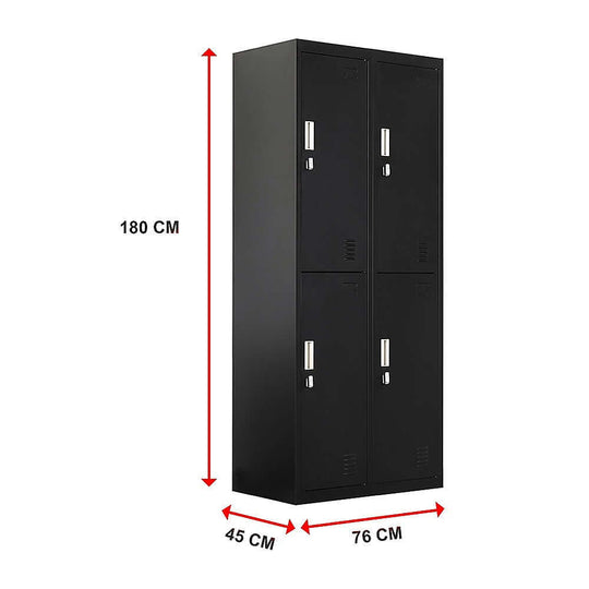 Four-door gym storage lockers in black, dimensions: 180cm x 76cm x 45cm, affordable quality for personal belongings.