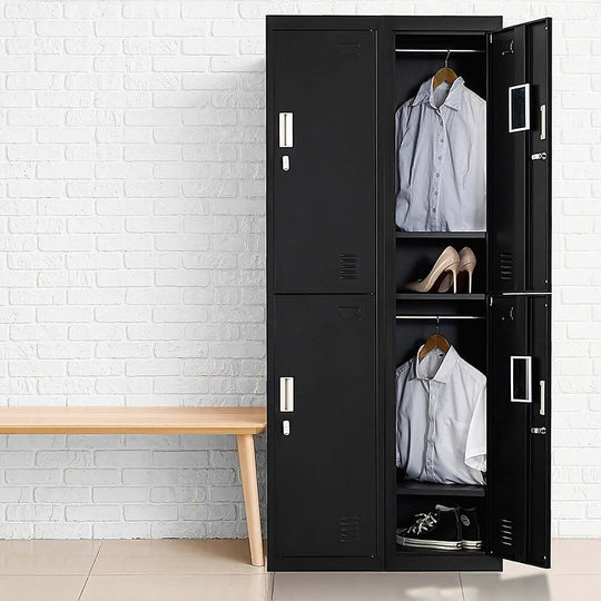 Affordable four-door gym storage locker with shirts, shoes, and space for personal belongings in a modern setting.