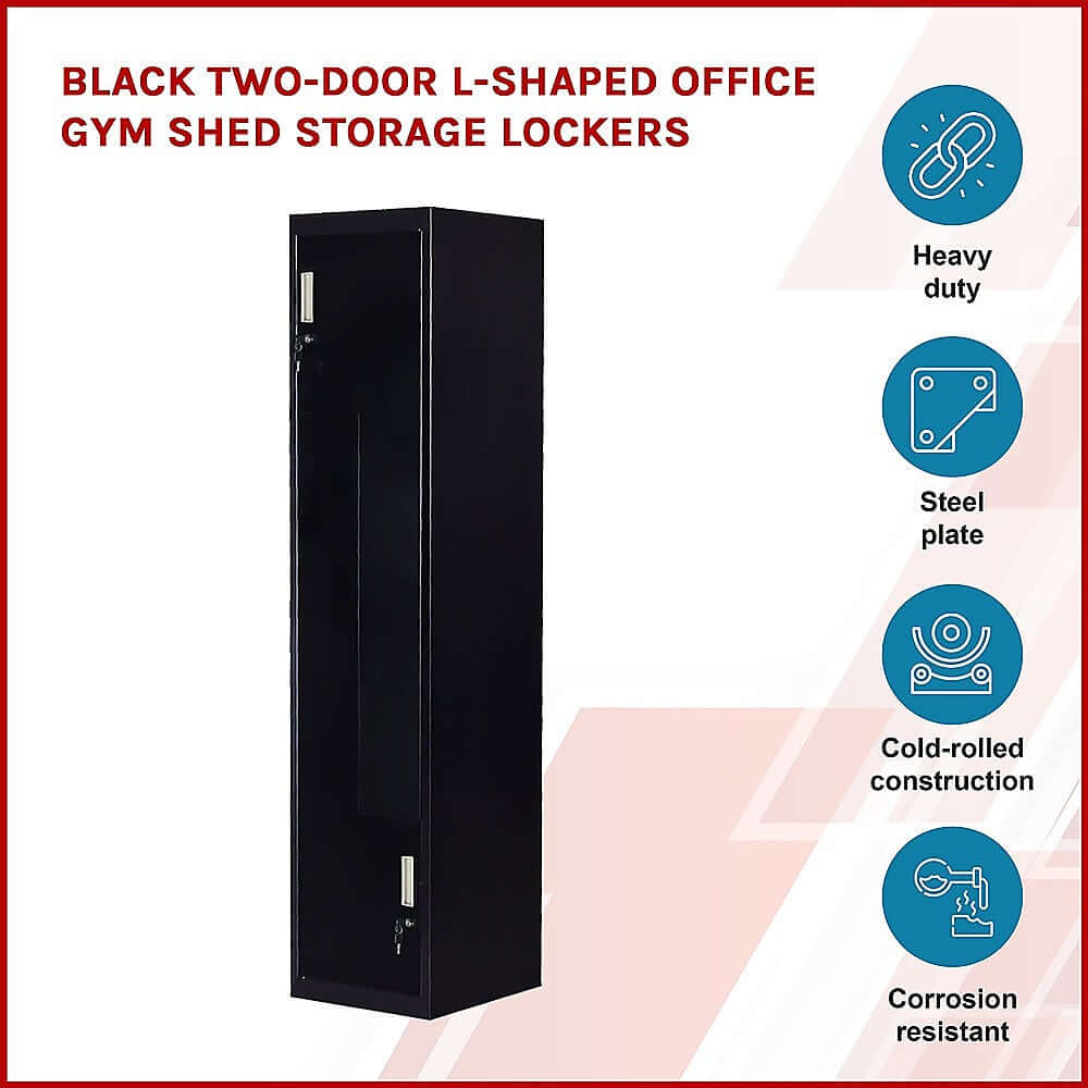 Black two-door L-shaped office gym shed storage lockers, heavy-duty steel construction, affordable and corrosion resistant.