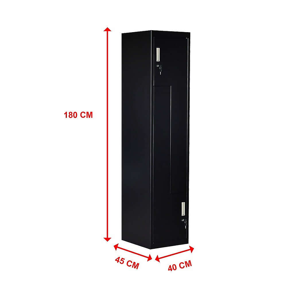 Black two-door L-shaped locker with dimensions 180 cm height, 45 cm width, 40 cm depth, perfect for affordable storage solutions.