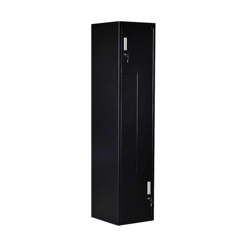 Black two-door L-shaped storage locker ideal for home or gym, affordable and quality DIY solution.