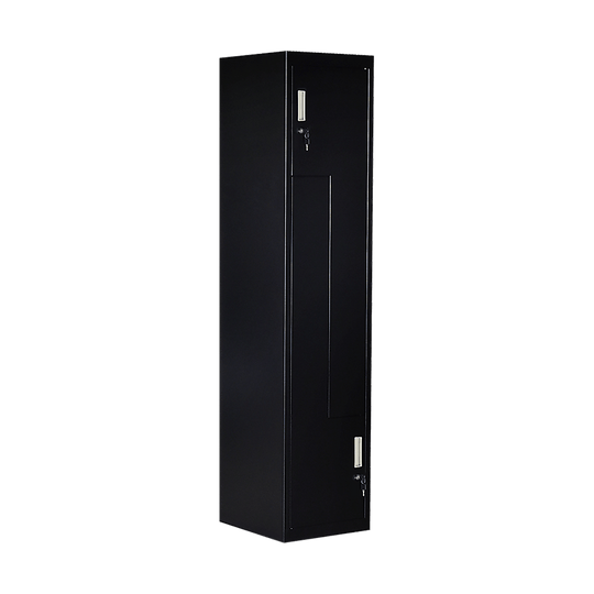 Black two-door L-shaped storage locker ideal for home or gym, affordable and quality DIY solution.