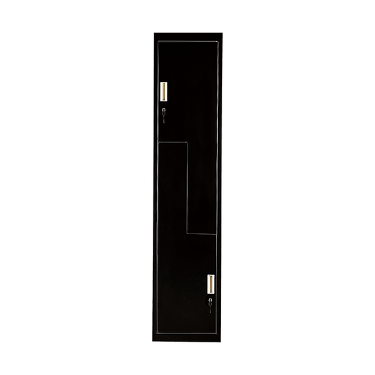 Black two-door L-shaped office gym shed locker, affordable and stylish storage solution for personal and business use.