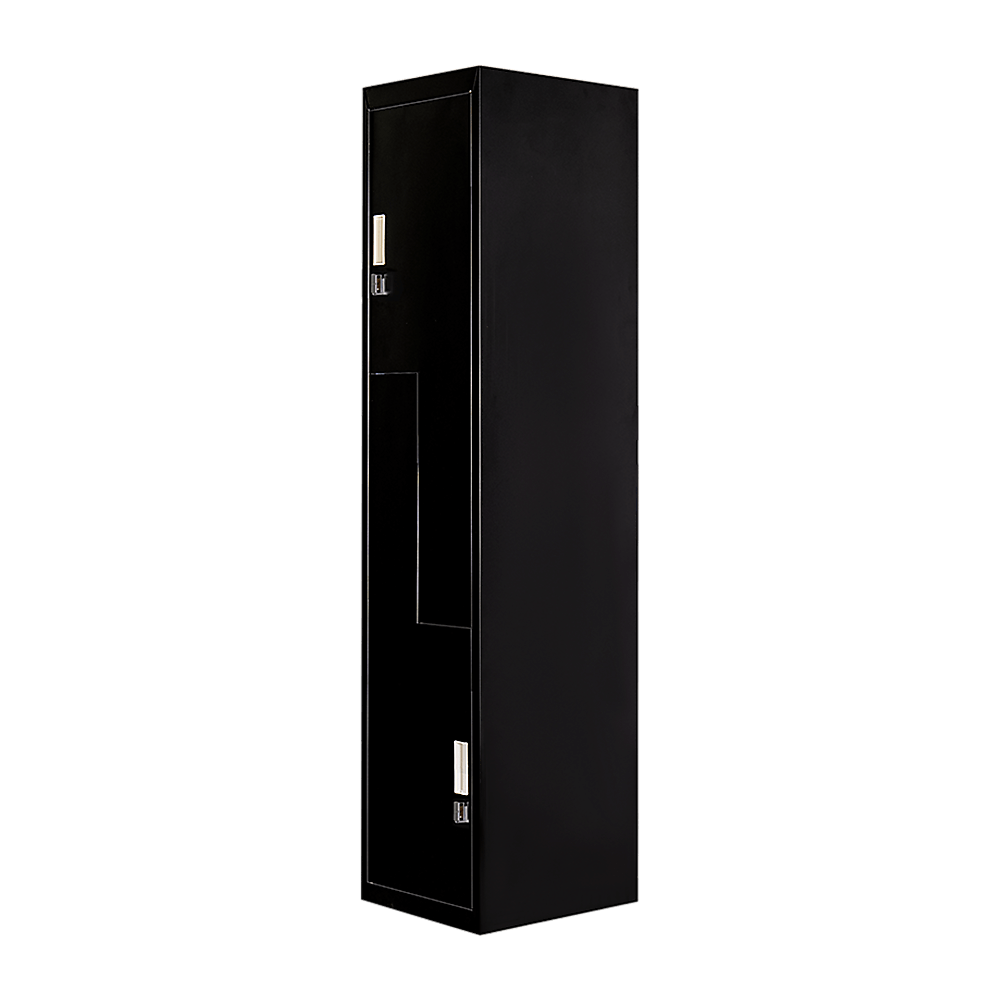 Black two-door L-shaped office gym shed locker, affordable and space-saving storage solution for personal or business use.