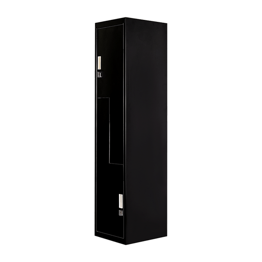 Black two-door L-shaped office gym shed locker, affordable and space-saving storage solution for personal or business use.