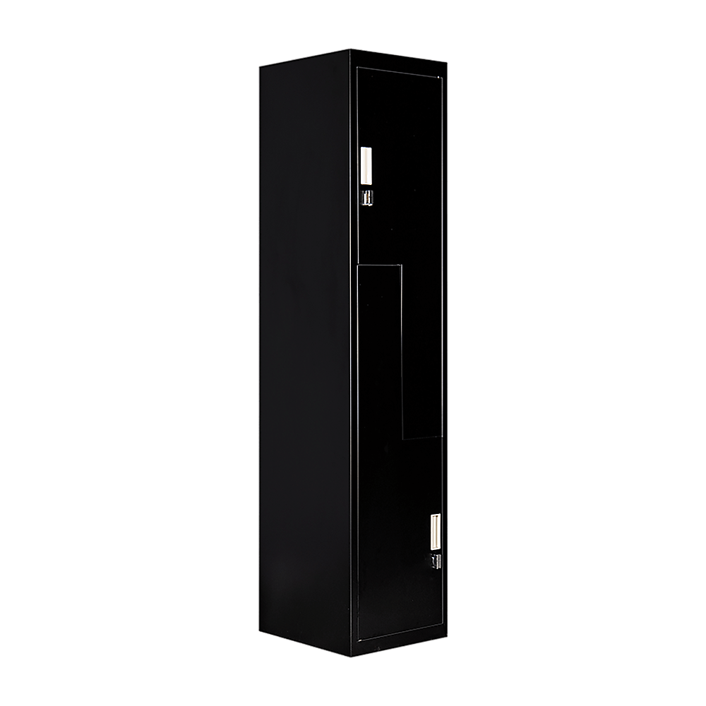 Black two-door L-shaped locker for storage, ideal for gyms or homes, affordable, quality design.