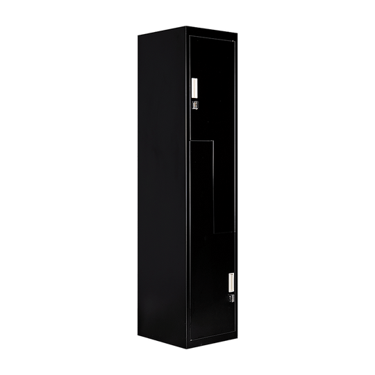 Black two-door L-shaped locker for storage, ideal for gyms or homes, affordable, quality design.