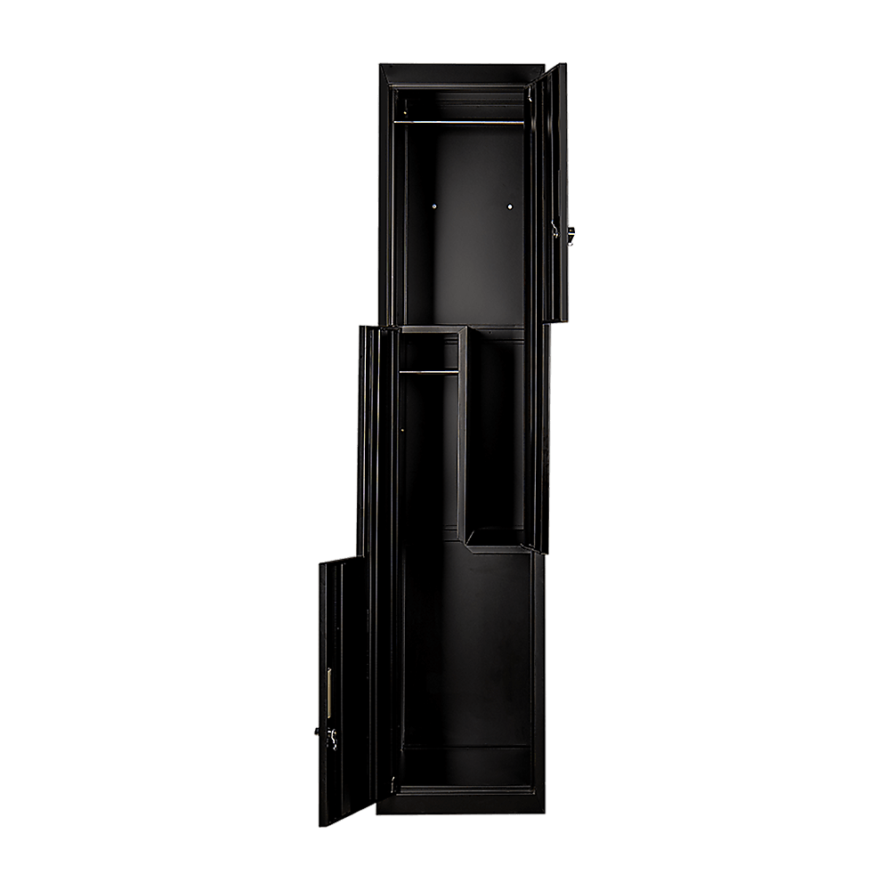 Black L-shaped two-door locker with compartments for affordable storage solutions in homes, gyms, or schools.