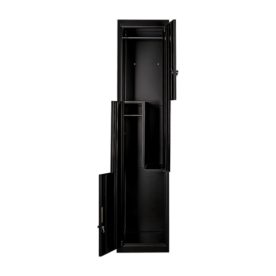 Black L-shaped two-door locker with compartments for affordable storage solutions in homes, gyms, or schools.