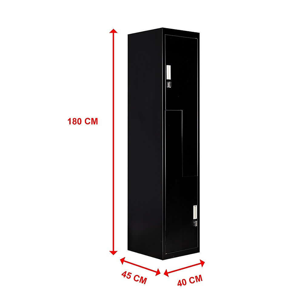 Black two-door L-shaped locker, 180 cm tall, ideal for affordable and quality storage in offices or gyms.