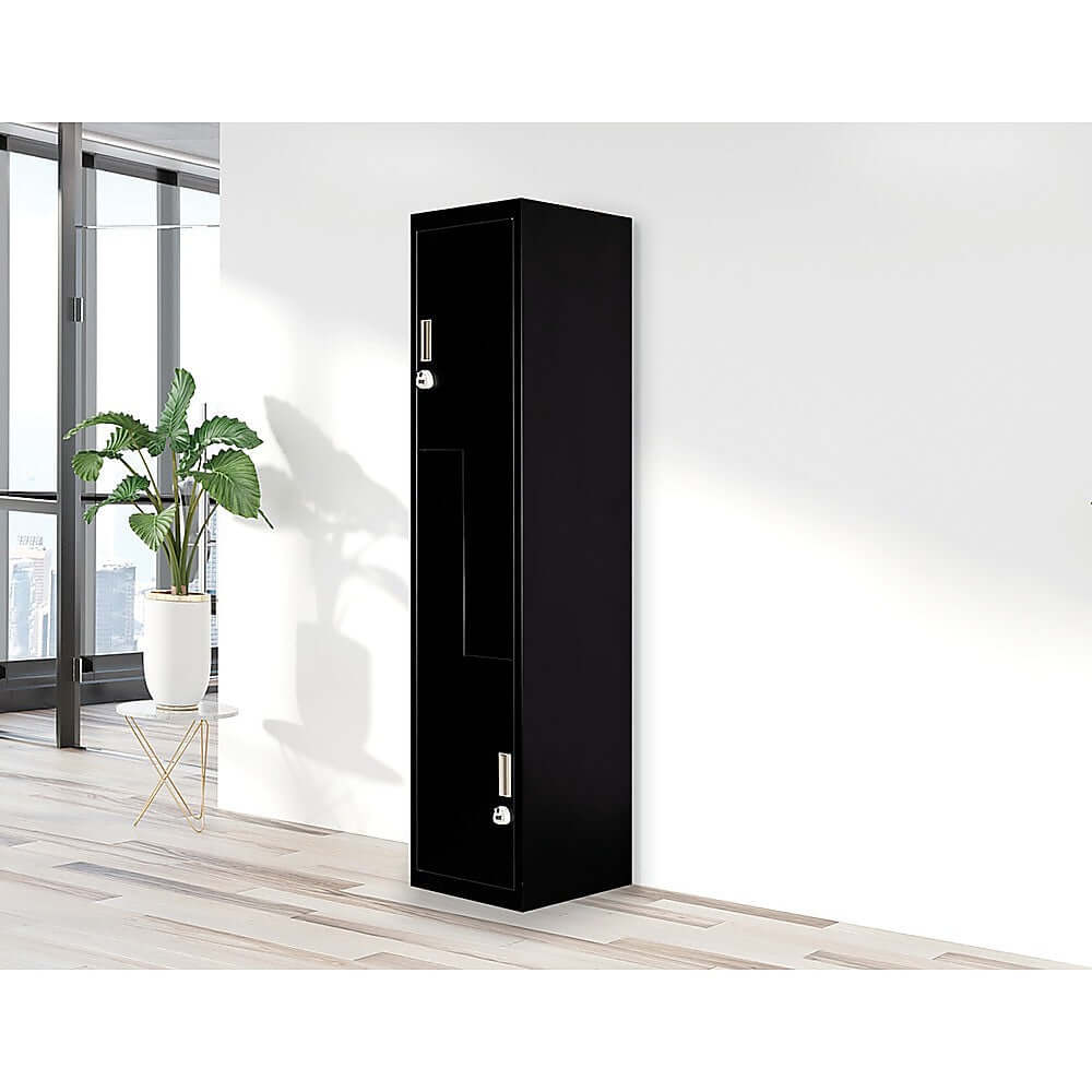 Affordable black two-door L-shaped office gym locker for personal and business storage needs.