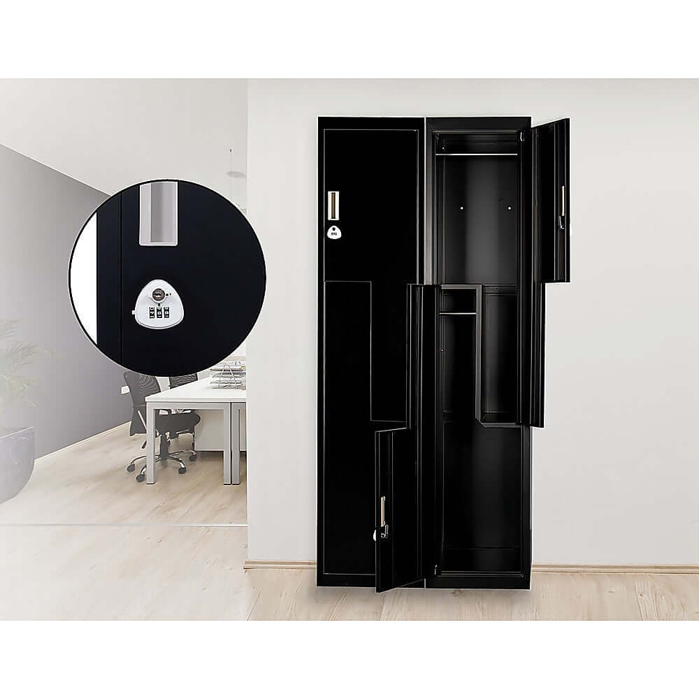 Black two-door L-shaped office gym shed locker with compartments for efficient storage and organization.