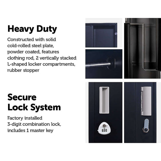 Black heavy duty L-shaped locker with secure 3-digit combination lock, ideal for home or gym storage.