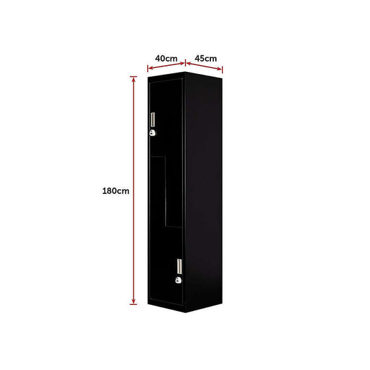 Black two-door L-shaped locker, space-saving design, ideal for home or gym storage, dimensions 180cm x 40cm x 45cm.