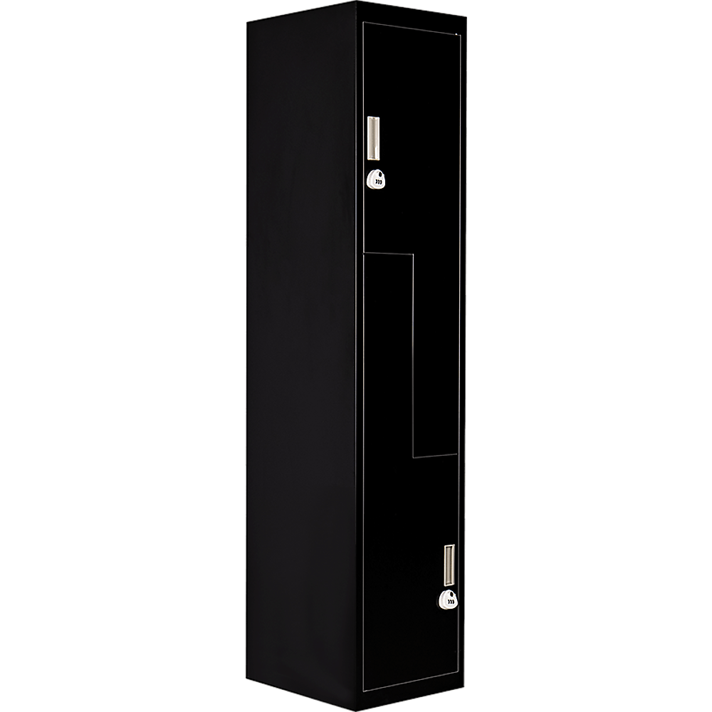 Affordable black L-shaped two-door locker for gym or office storage, features space-saving design and quality craftsmanship.