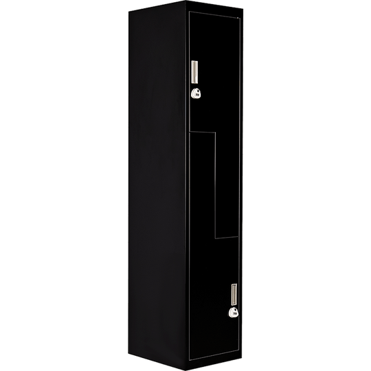 Affordable black L-shaped two-door locker for gym or office storage, features space-saving design and quality craftsmanship.