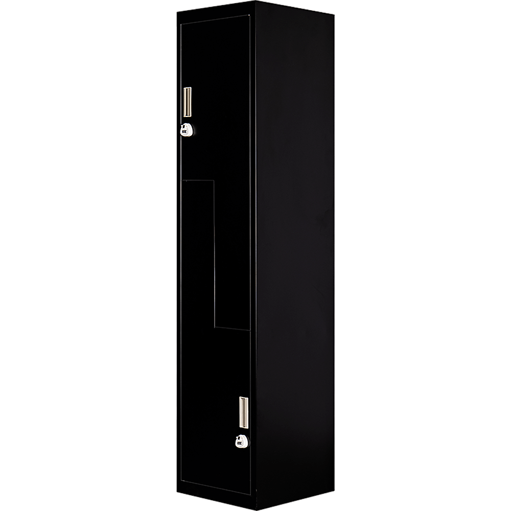 Affordable black two-door L-shaped locker for efficient storage in homes, gyms, and schools.