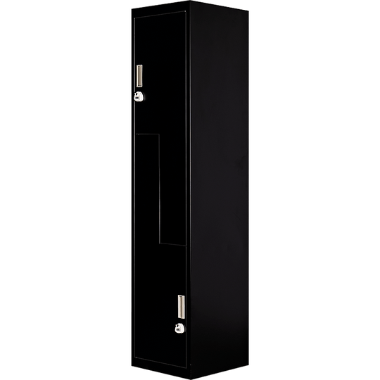 Affordable black two-door L-shaped locker for efficient storage in homes, gyms, and schools.