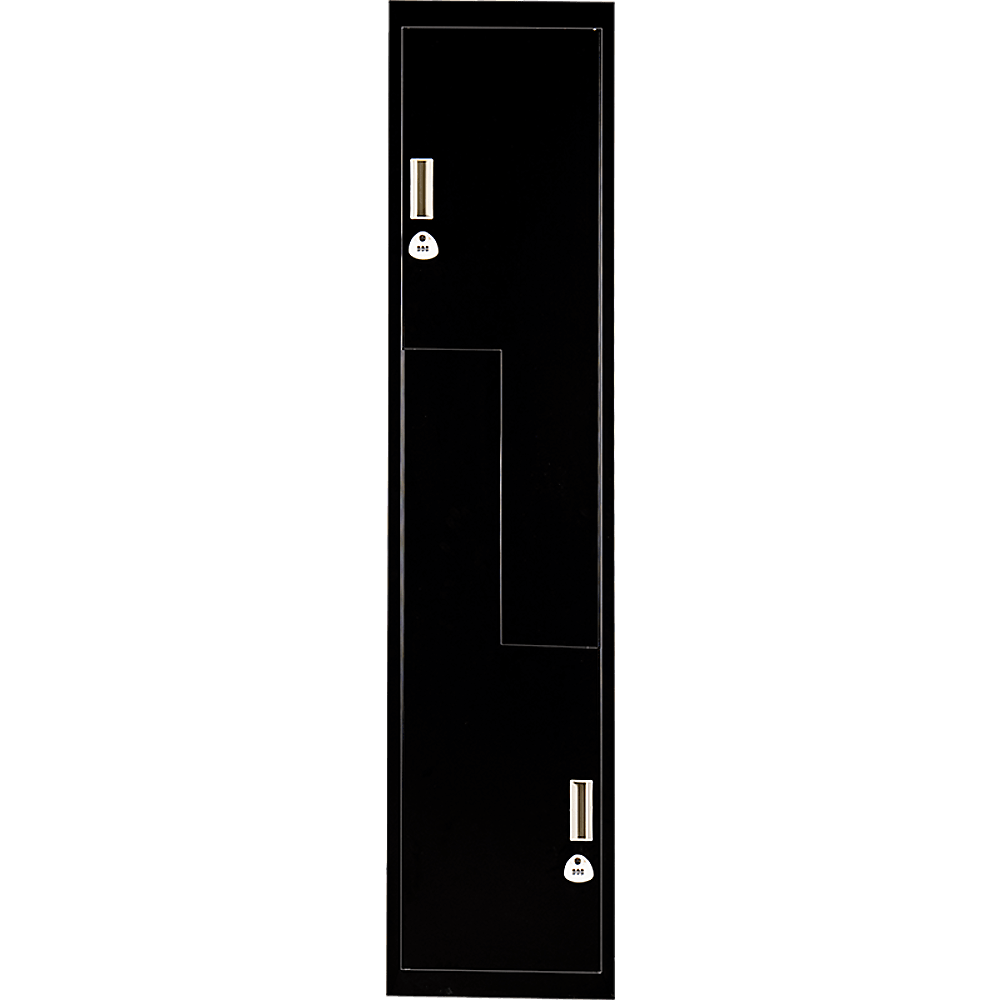 Affordable black L-shaped two-door locker for gym or office, featuring quality design and space-saving functionality.