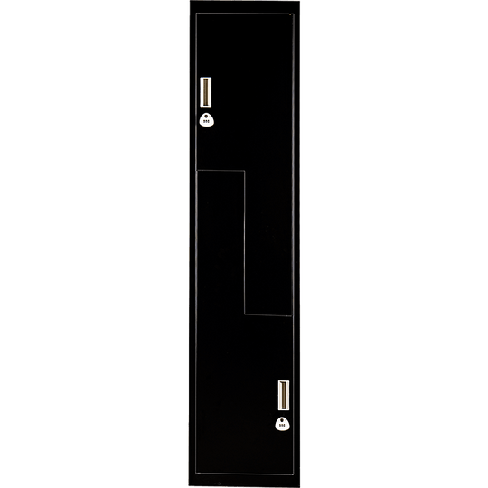 Affordable black L-shaped two-door locker for gym or office, featuring quality design and space-saving functionality.