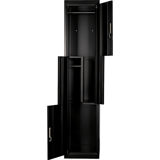 Black L-shaped two-door storage locker, perfect for affordable and quality personal use or business needs.