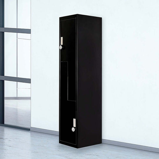 Affordable black two-door L-shaped locker for gym and office storage solutions, ideal for personal or business use.