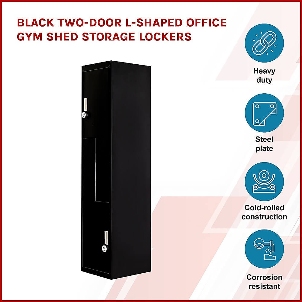 Black two-door L-shaped storage lockers, heavy duty, steel plate, corrosion resistant, ideal for gyms and offices.