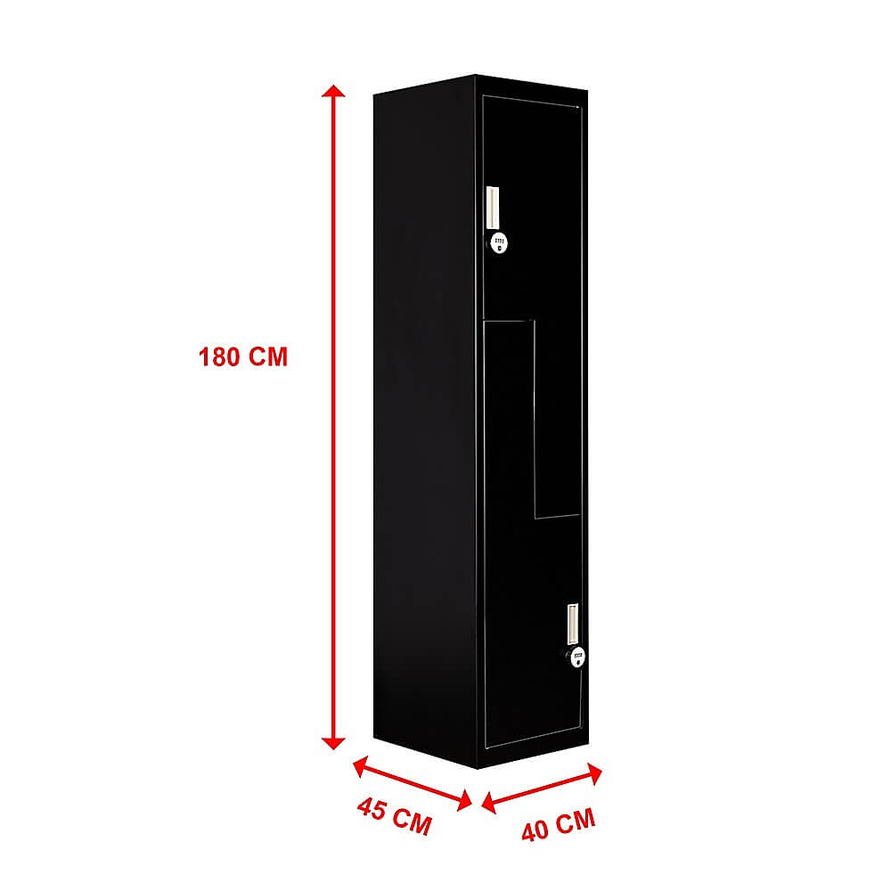 Black two-door L-shaped office gym shed locker, space-saving storage solution, 180 cm tall, ideal for home or business use.