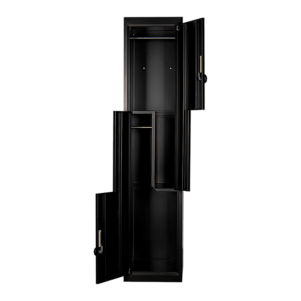 L-shaped black two-door locker featuring space-saving compartments for affordable wardrobe storage.