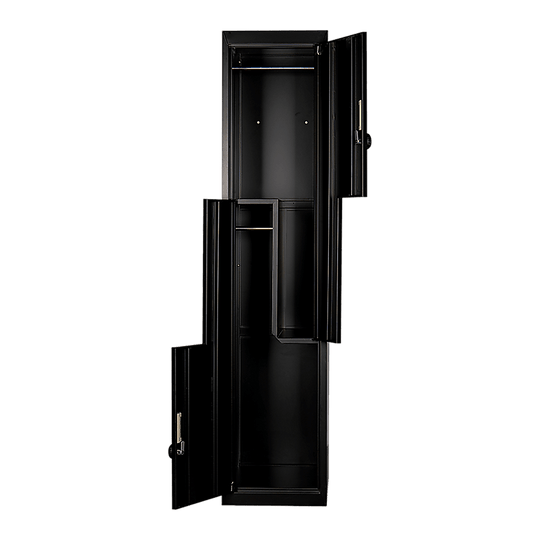 L-shaped black two-door locker featuring space-saving compartments for affordable wardrobe storage.