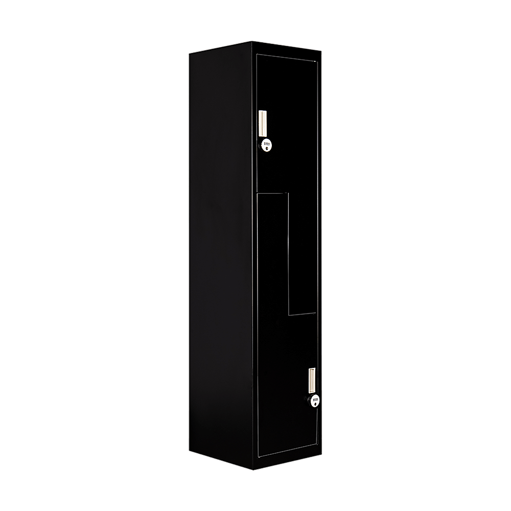 Affordable black two-door vertical locker, ideal for gym or home storage solutions, combining quality with stylish design.